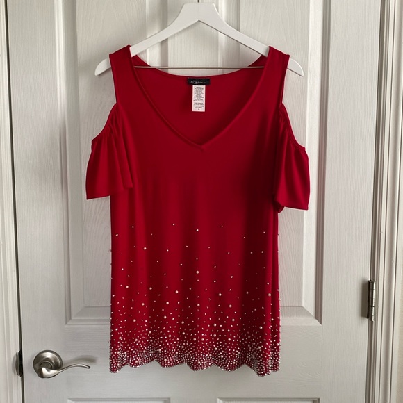 S. Levine Womens Red V-Neck Cold Shoulder Knit Top w/ Beaded Details Size XL - Picture 1 of 5